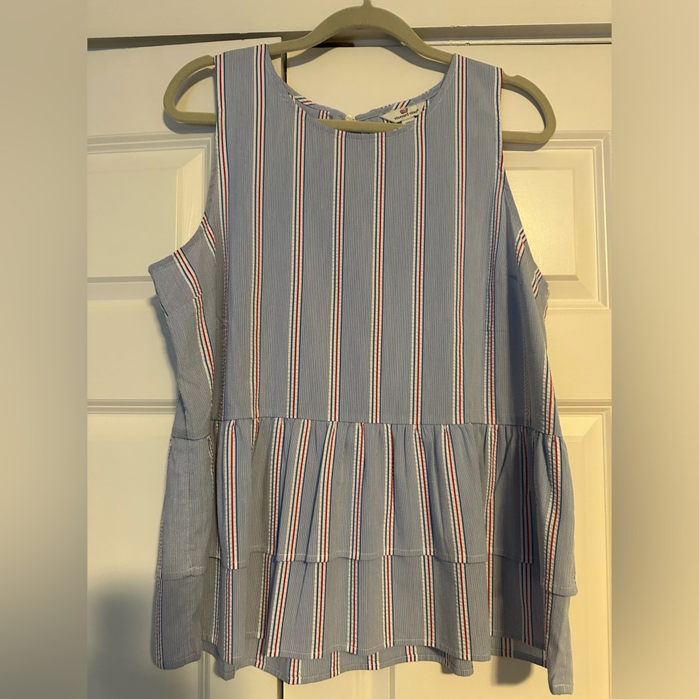 Vineyard Vines Nicholls Peplum Top Women Size L Striped Pullover Back Tie Blouse